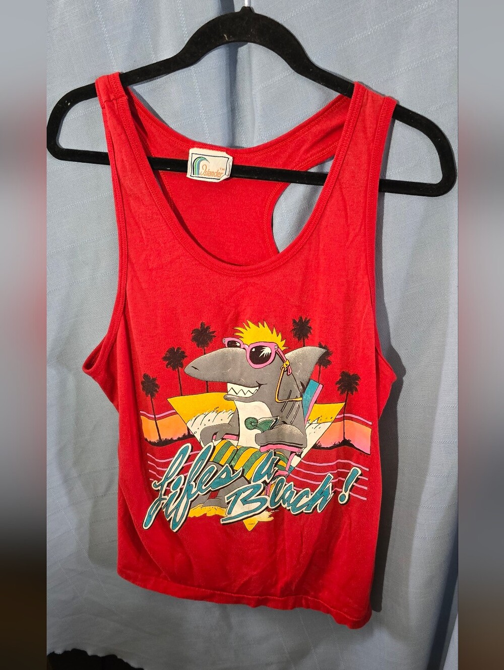 80s Islander Retro Red Graphic Tank Top with Surf Shark